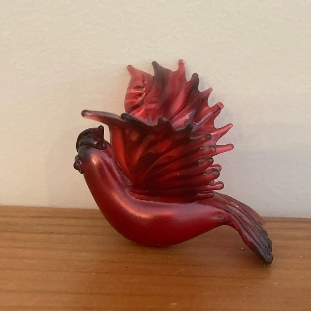 Vtg Red Cardinal Bird Figurine Hand Blown Glass Ornament Hanging
